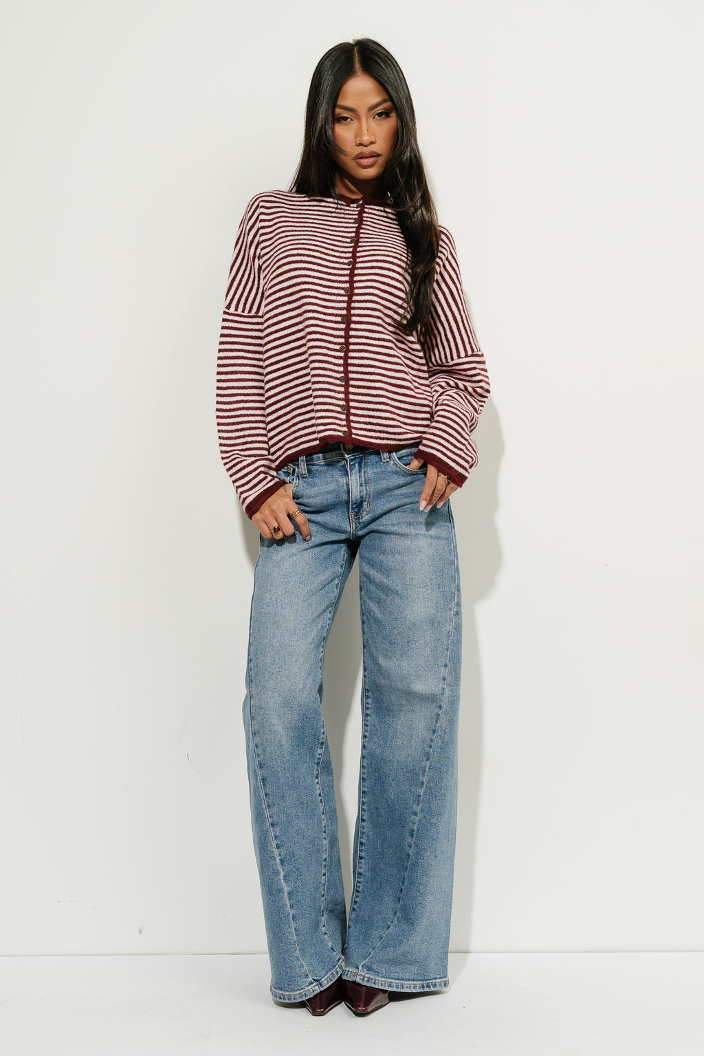 Melanie Striped Cardigan in Burgundy