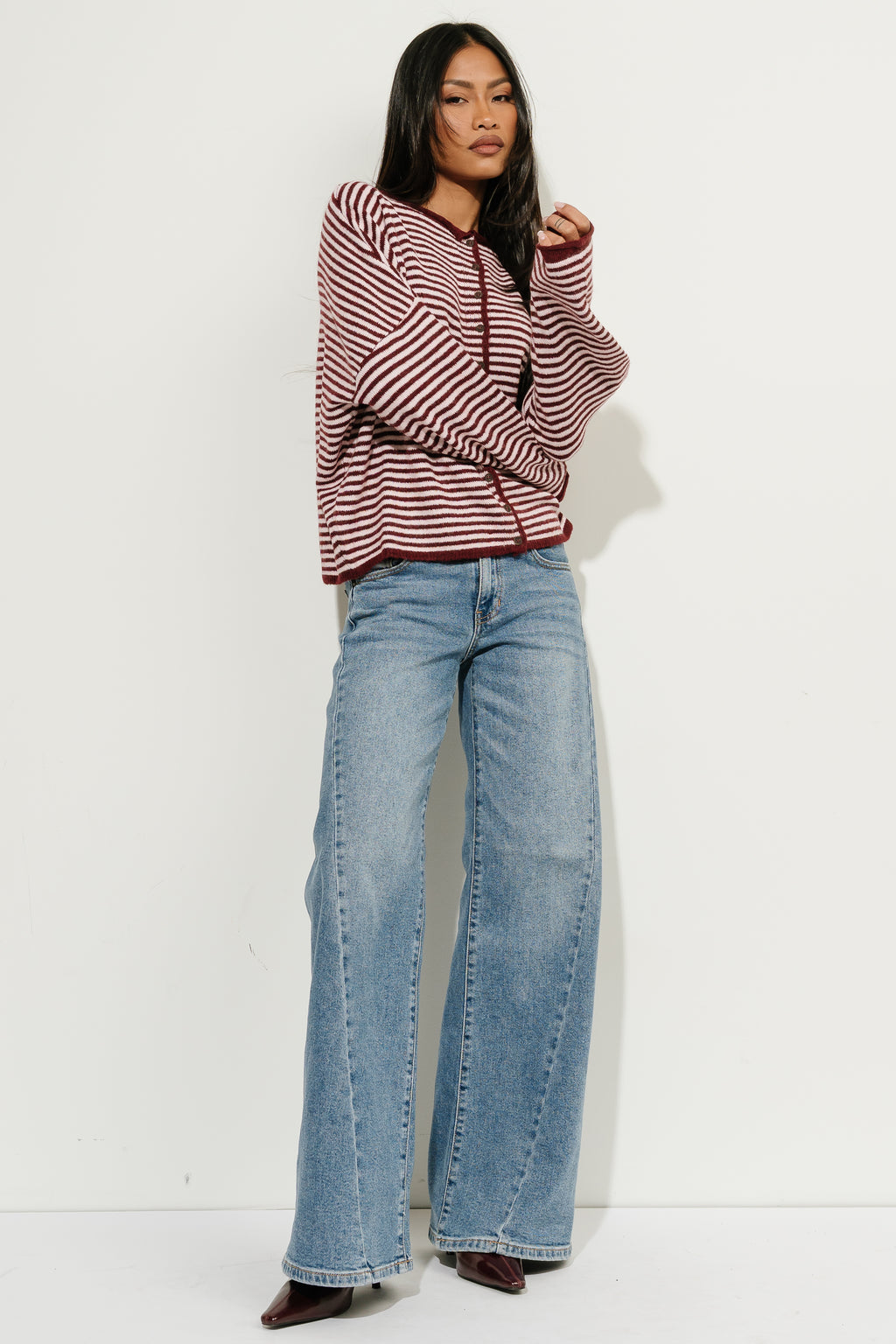 Melanie Striped Cardigan in Burgundy