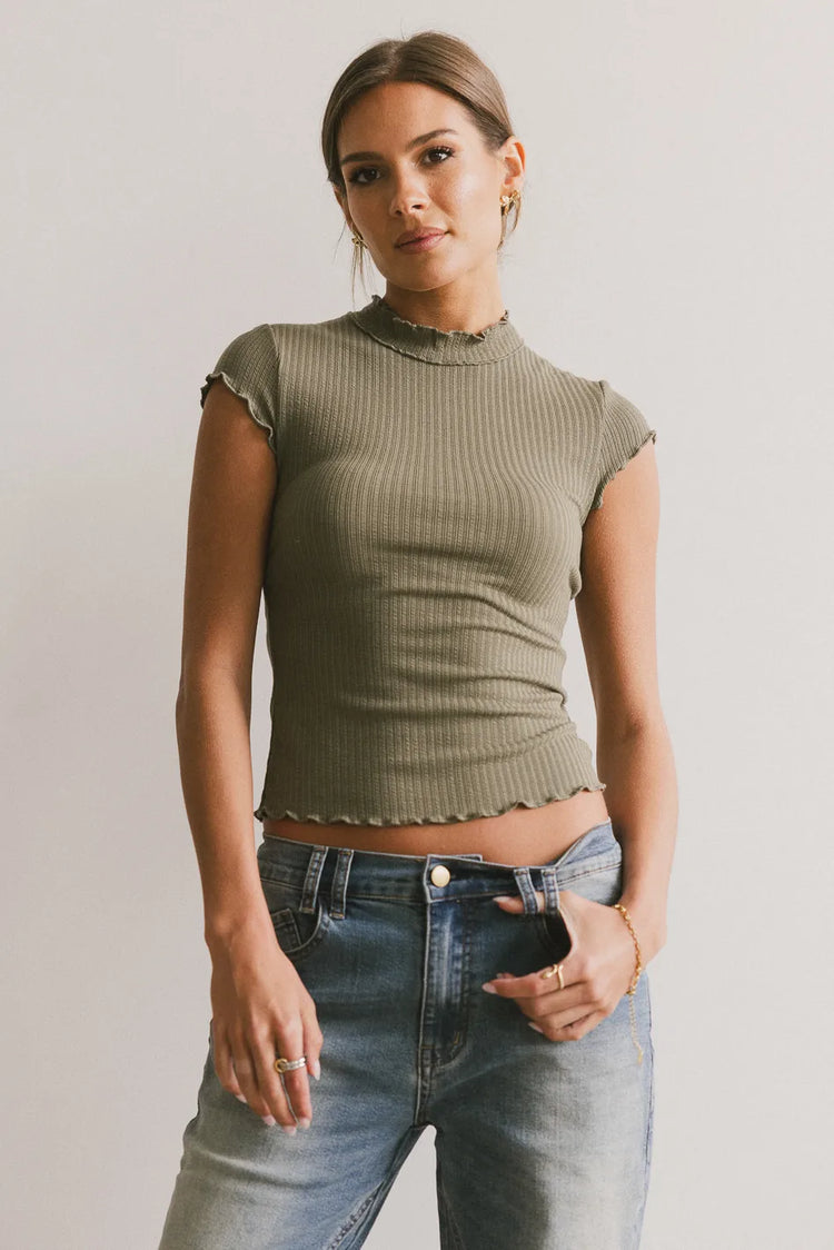 Mock neck top in olive 