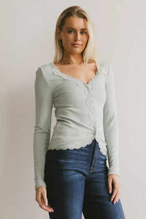 Logan Lace Trim Top in Dusty Blue - FINAL SALE