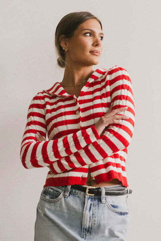 Button up striped top in red 