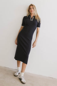 navy ribbed dress with short sleeves