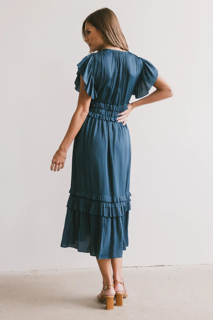 Ruffle sleeves dress in teal color 