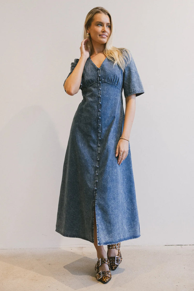 Button op denim dress in medium wash 