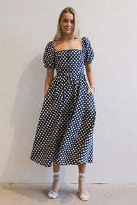 Midi polka dot dress in navy 