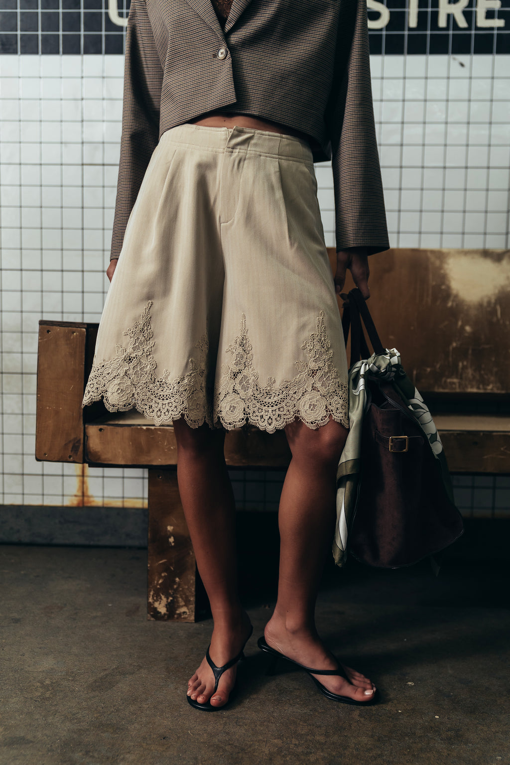 Mazie Lace Trim Shorts in Tan