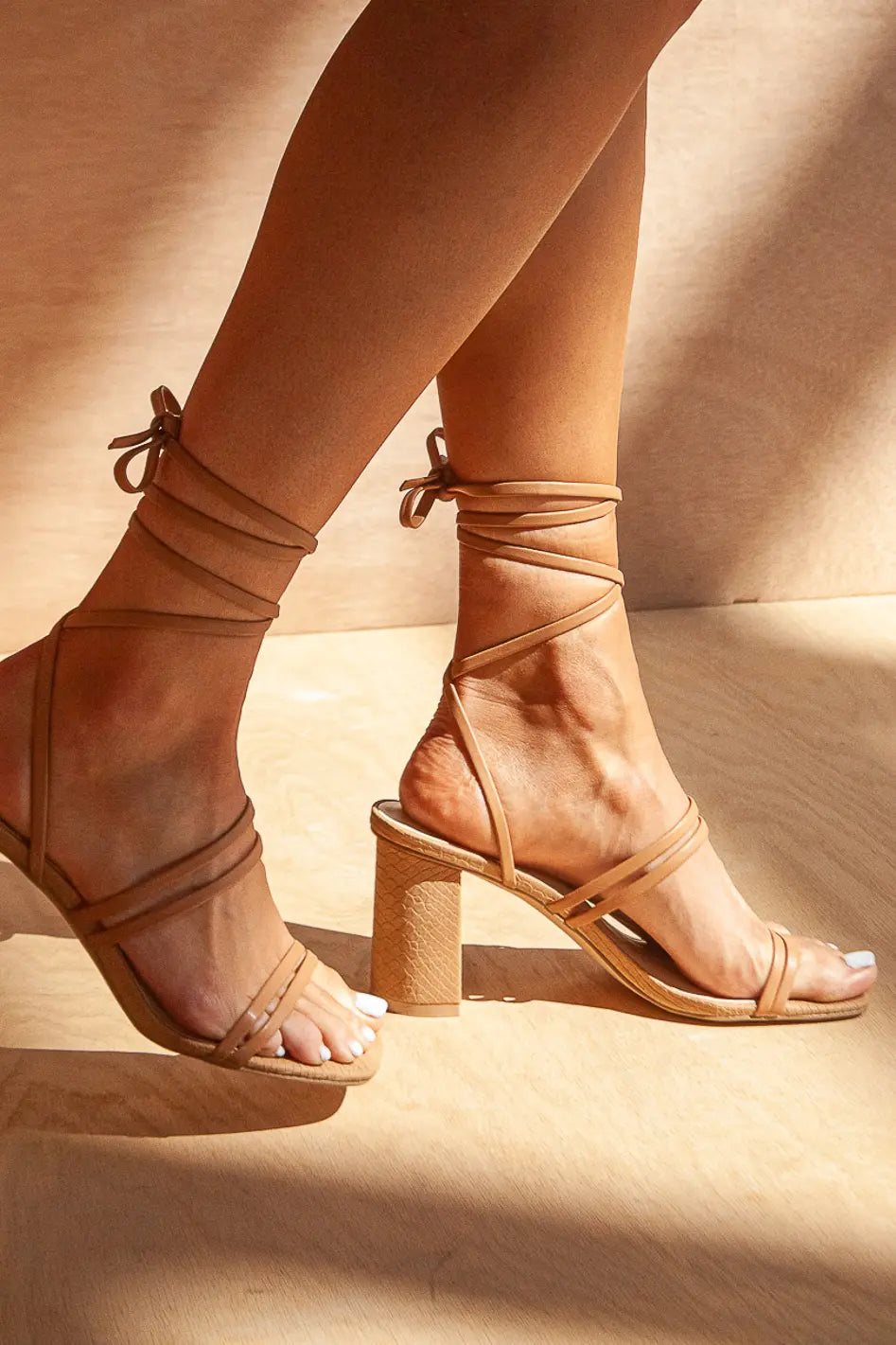 Brinley Lace Up Heels in Camel b hme