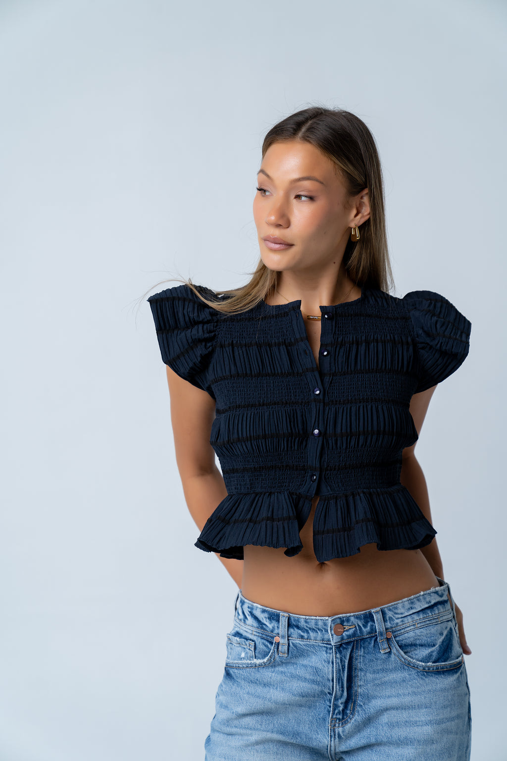 Holly Smocked Blouse in Navy - FINAL SALE