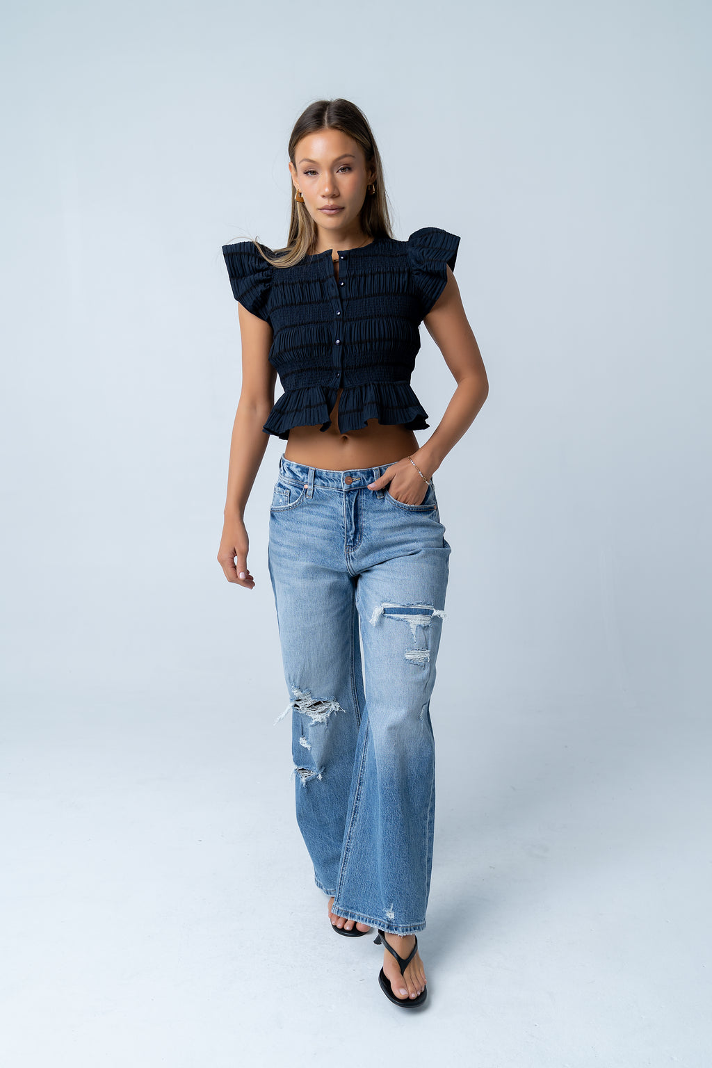 Holly Smocked Blouse in Navy - FINAL SALE