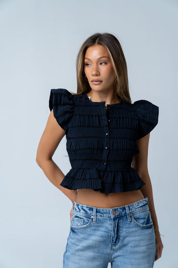Holly Smocked Blouse in Navy - FINAL SALE