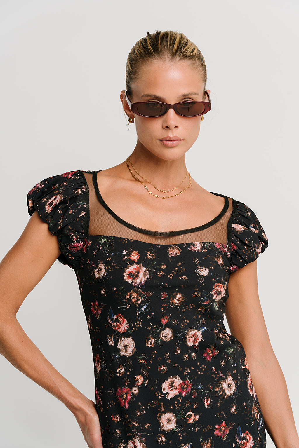 Ellie Mesh Floral Maxi Dress in Black