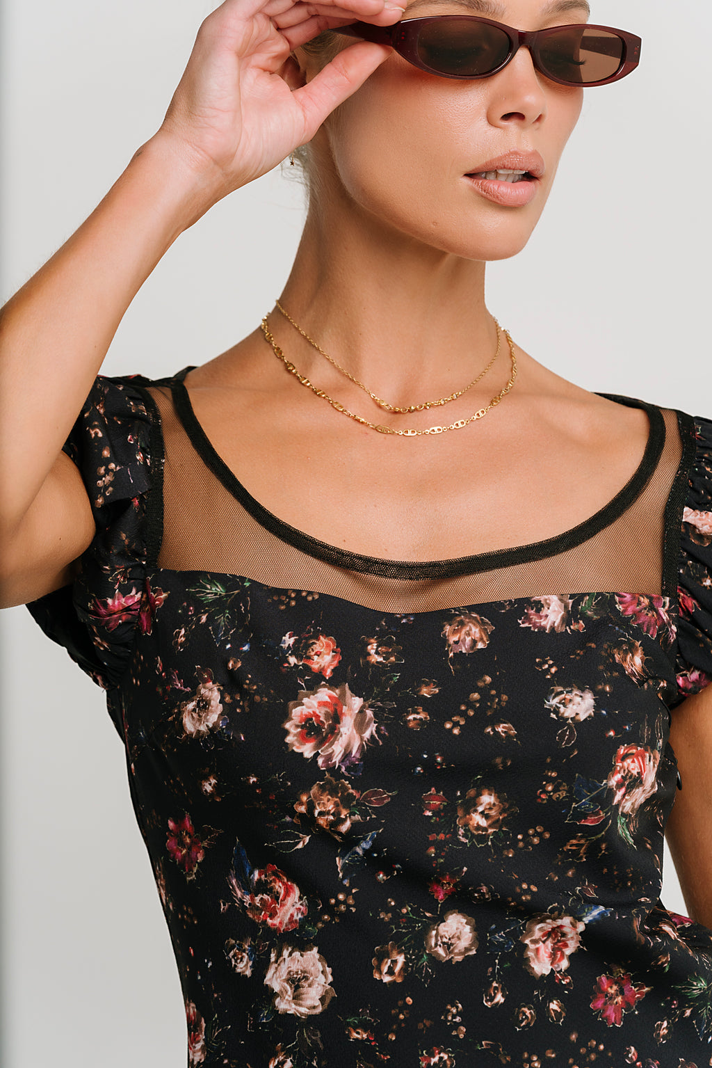 Ellie Mesh Floral Maxi Dress in Black