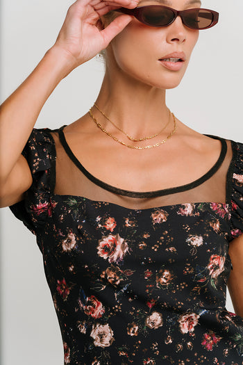 Ellie Mesh Floral Maxi Dress in Black