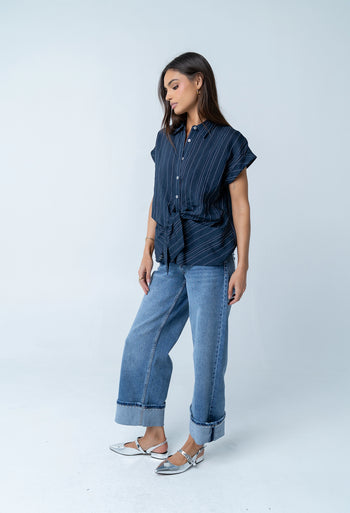 Darian Striped Button Up in Navy