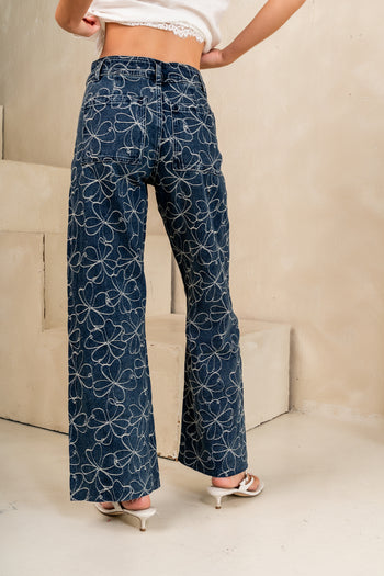FLORAL EMBROIDERED WIDE LEG JEANS