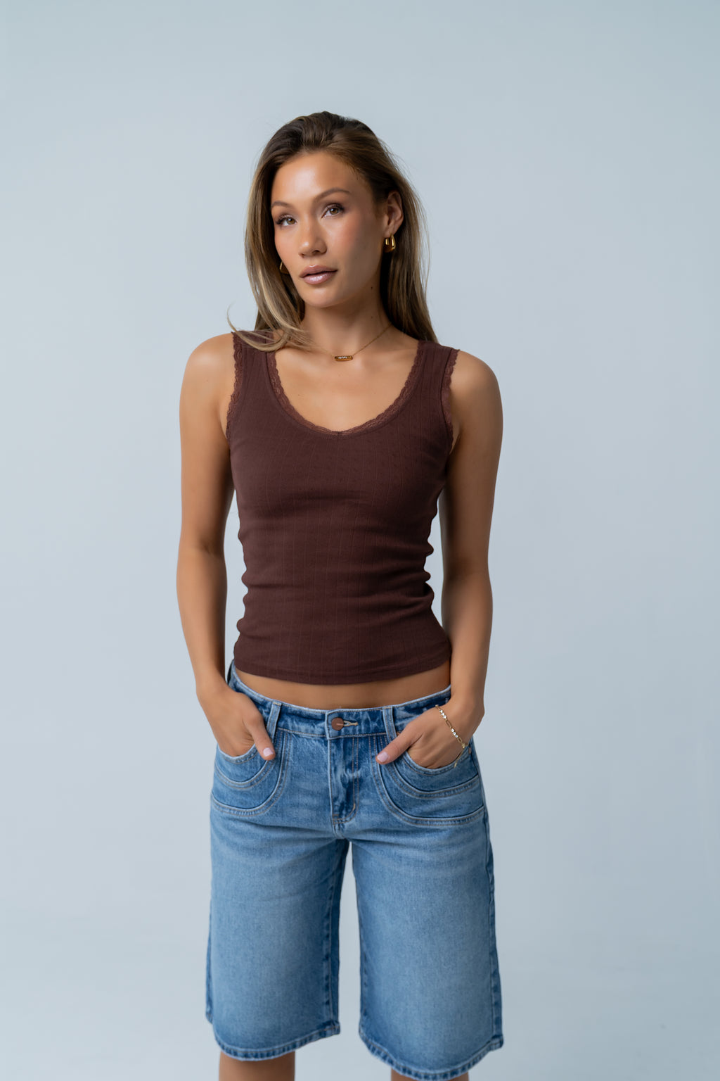 Mackie Lace Trim Tank in Brown