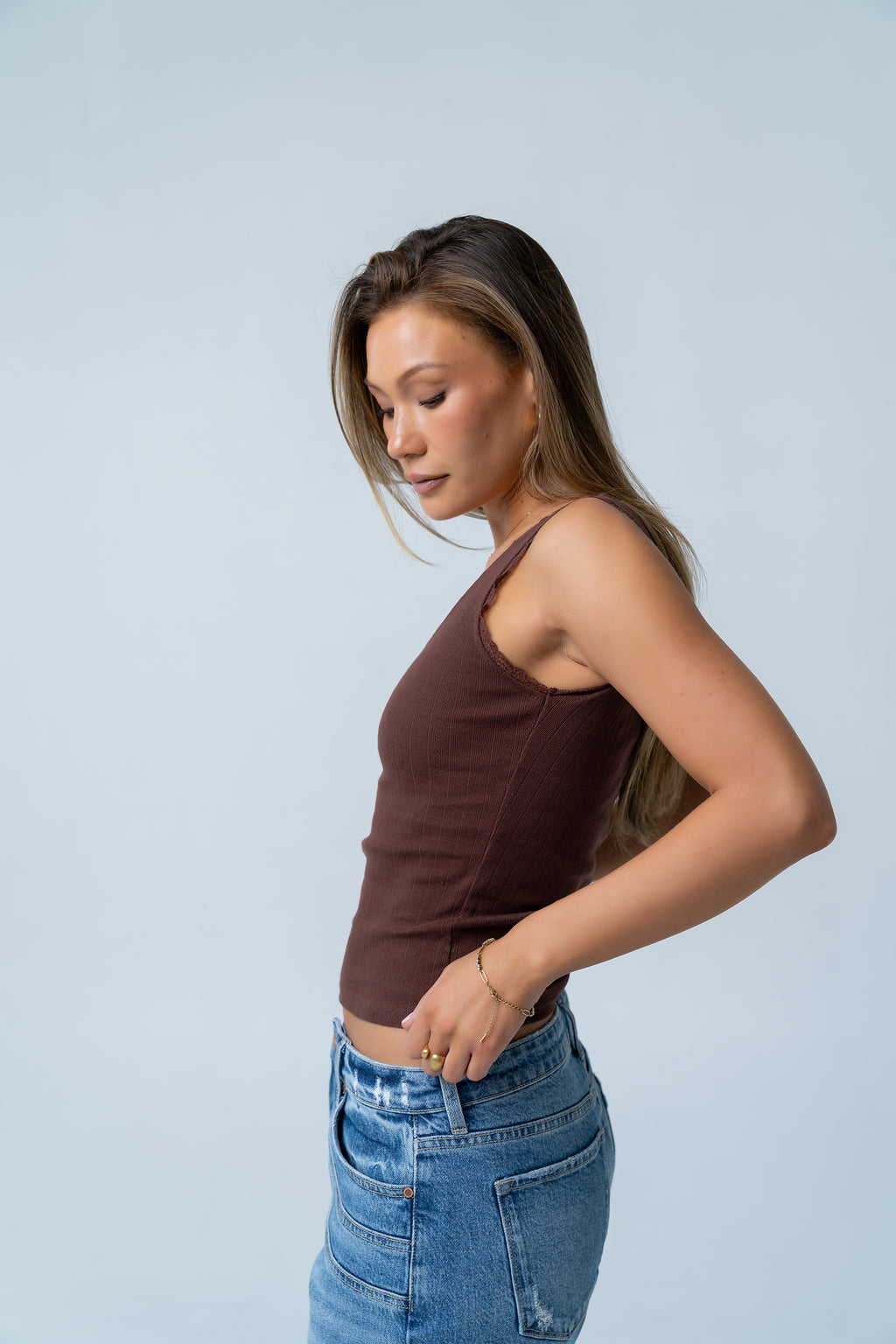 Mackie Lace Trim Tank in Brown