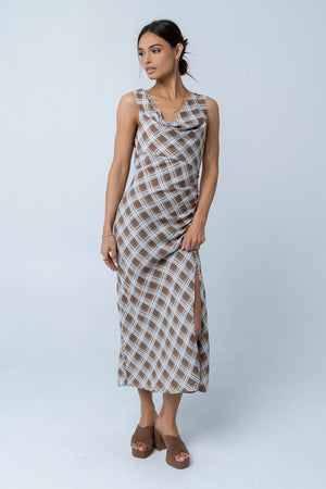 böhme Renae Plaid Maxi Dress in Brown Size XL, Non Stretch Material