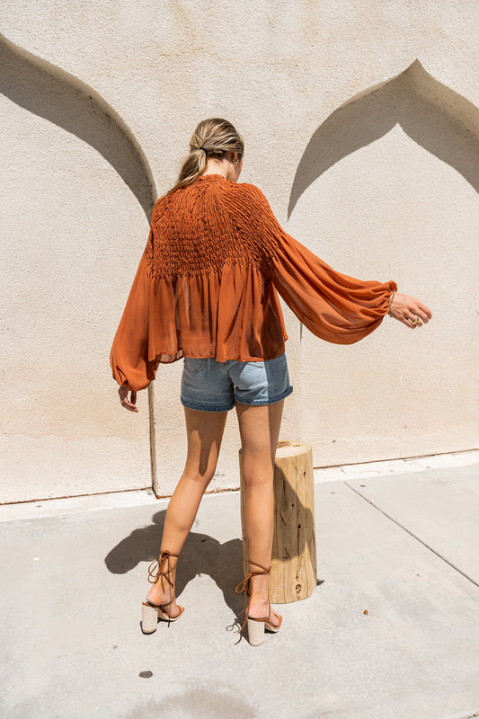 backside of rust blouse with puff sleeves