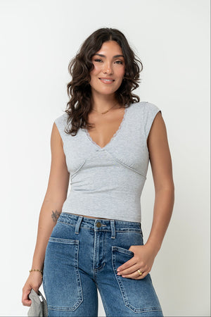 Kinzey Lace Trim Top in Heather Grey