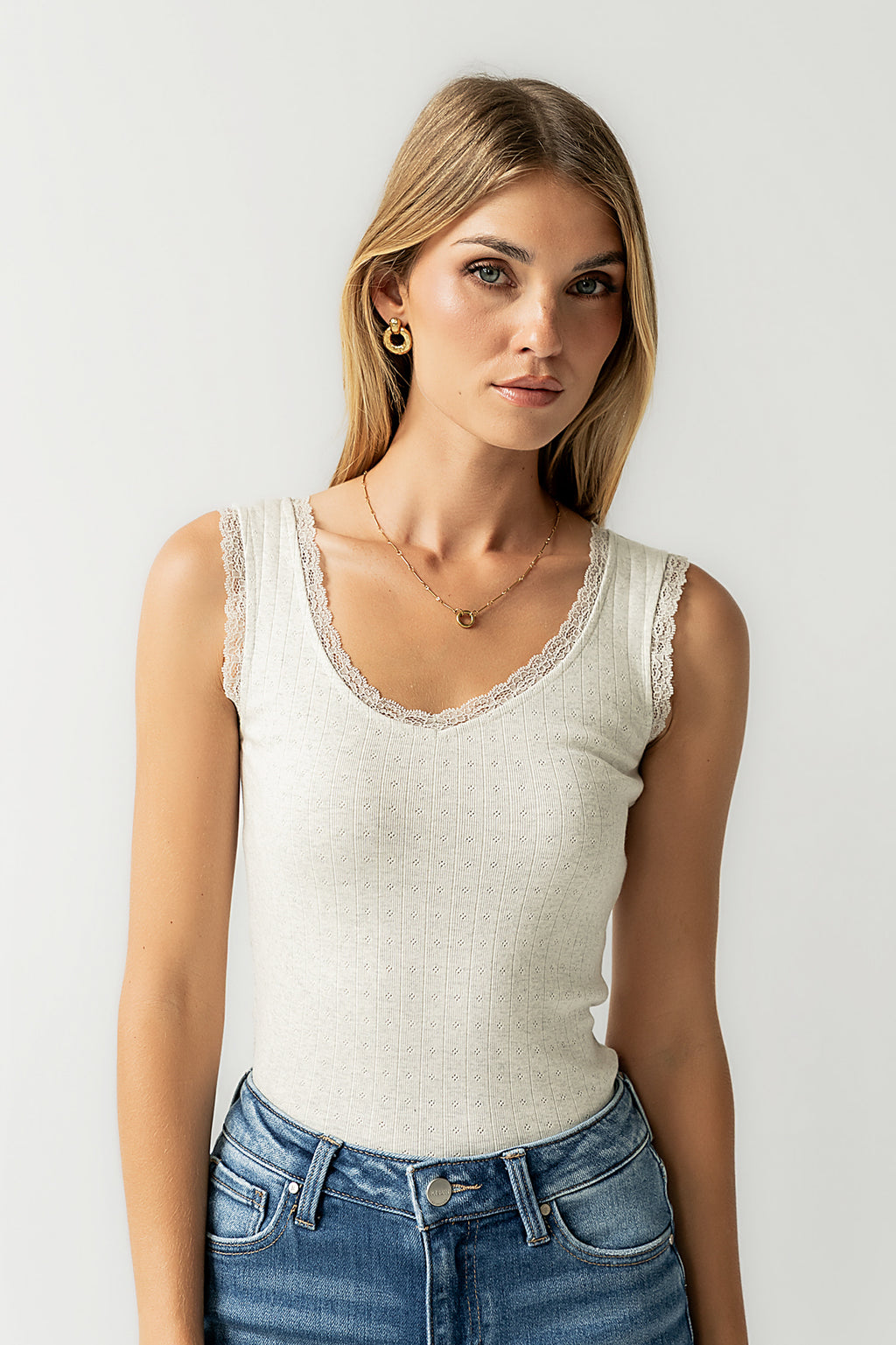 Mackie Lace Trim Tank in Heather Grey