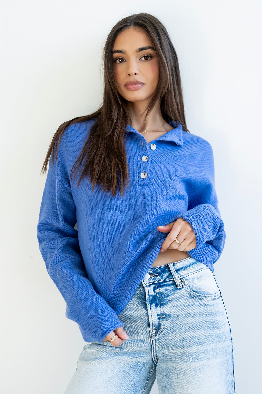 Meli Button Front Knit Sweater in Blue - FINAL SALE