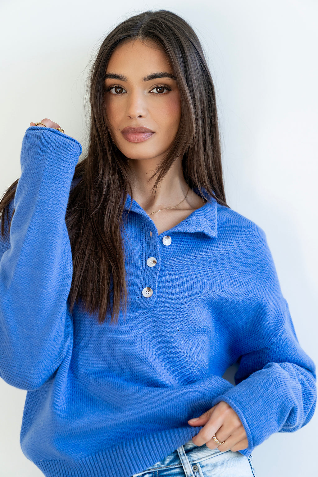 Meli Button Front Knit Sweater in Blue - FINAL SALE