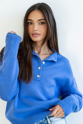 Meli Button Front Knit Sweater in Blue - FINAL SALE