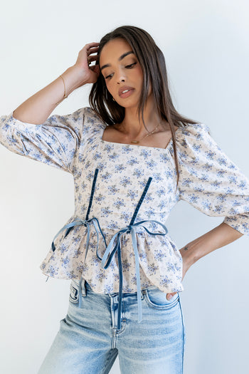 Jerzey Floral Peplum Blouse in Ecru - FINAL SALE