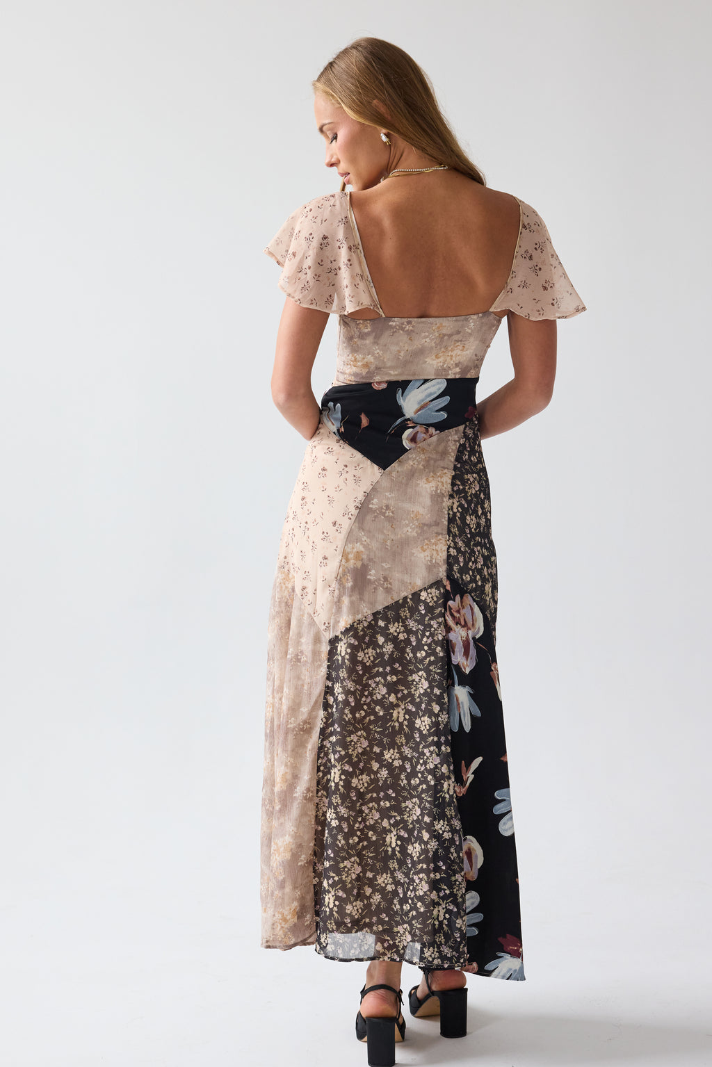 knee length dresses for ladies Floral Patchwork Long Sleeve Maxi Dress Chestnut / L