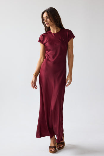 Hanna Satin Maxi Dress in Burgundy