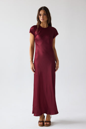 Hanna Satin Maxi Dress in Burgundy