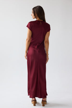 princess polly baby blue dress Emilie tie-neck satin maxi dress in burgundy - Galvan main image 1