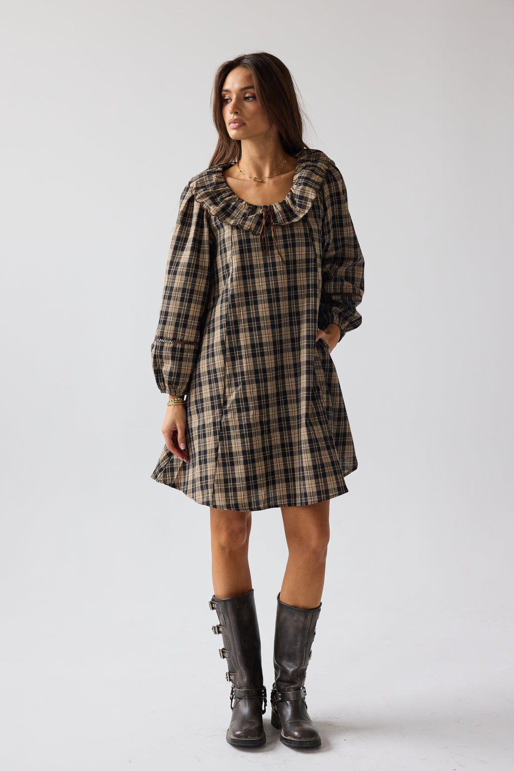 midi dress long sleeve sale Darlene Plaid Midi Dress