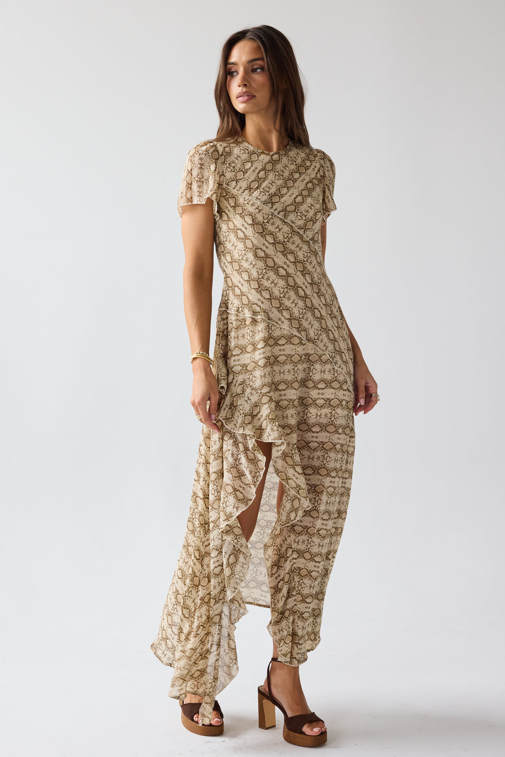 bhme Debbie Snake Maxi Dress in Beige - Size Medium, Non Stretch Material