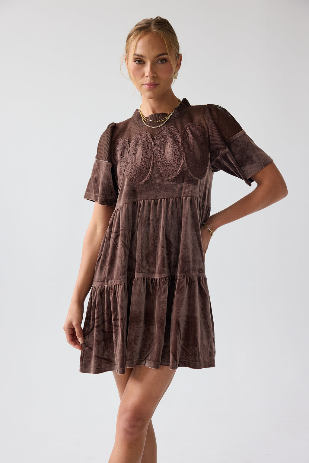 Banks Velvet Mini Dress in Brown