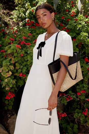 WHITE MIDI DRESS WITH BLACK TIE