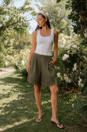 Mazie Lace Trim Shorts in Olive