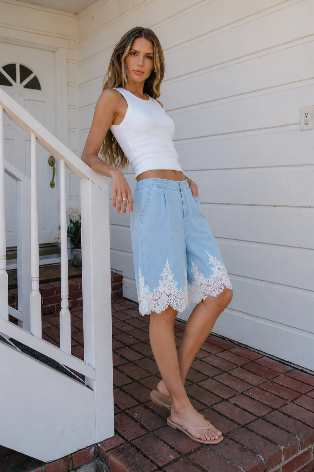 PREORDER - Mazie Lace Trim Shorts in Light Wash