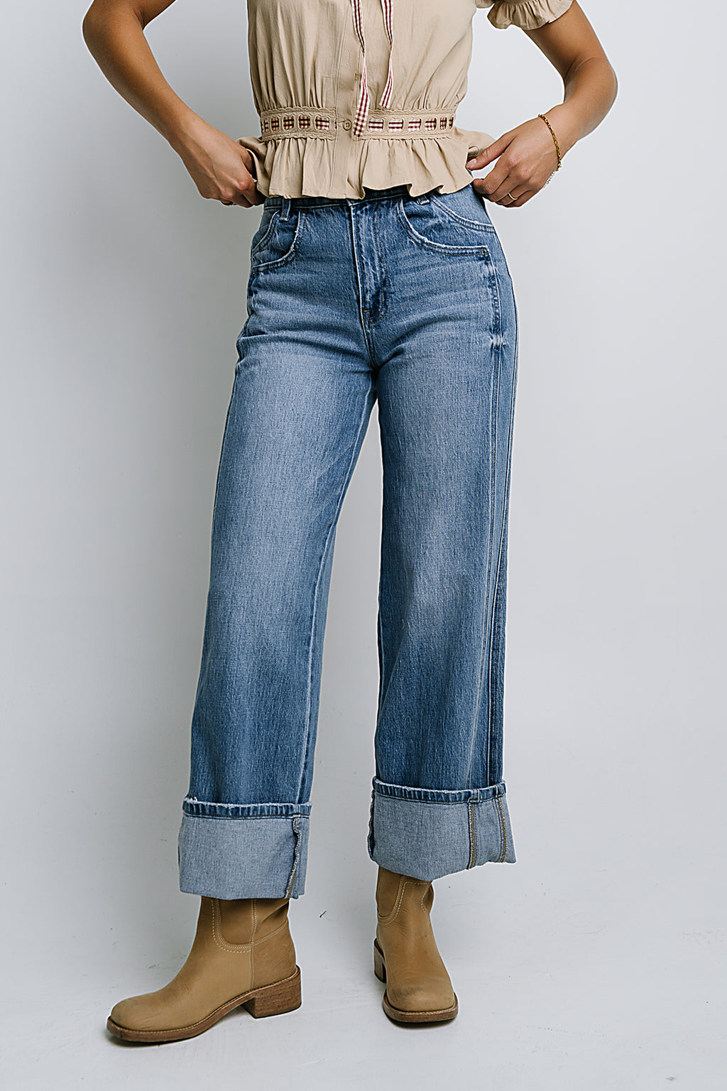 Jade Cuffed Wide Leg Jeans in Medium Wash - FINAL SALE