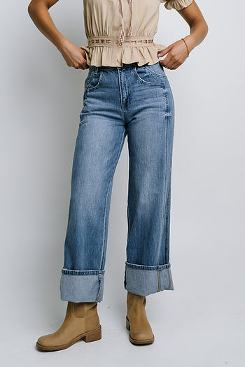 Jade Cuffed Wide Leg Jeans in Medium Wash - FINAL SALE