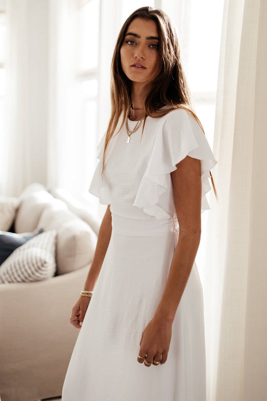 Janet Ruffle Sleeve Maxi Dress in White - FINAL SALE