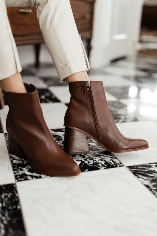 brown ankle boots with heel
