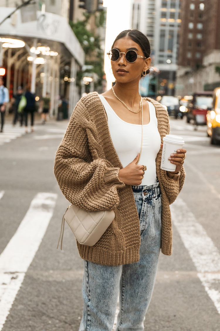 cable knit open cardigan in taupe