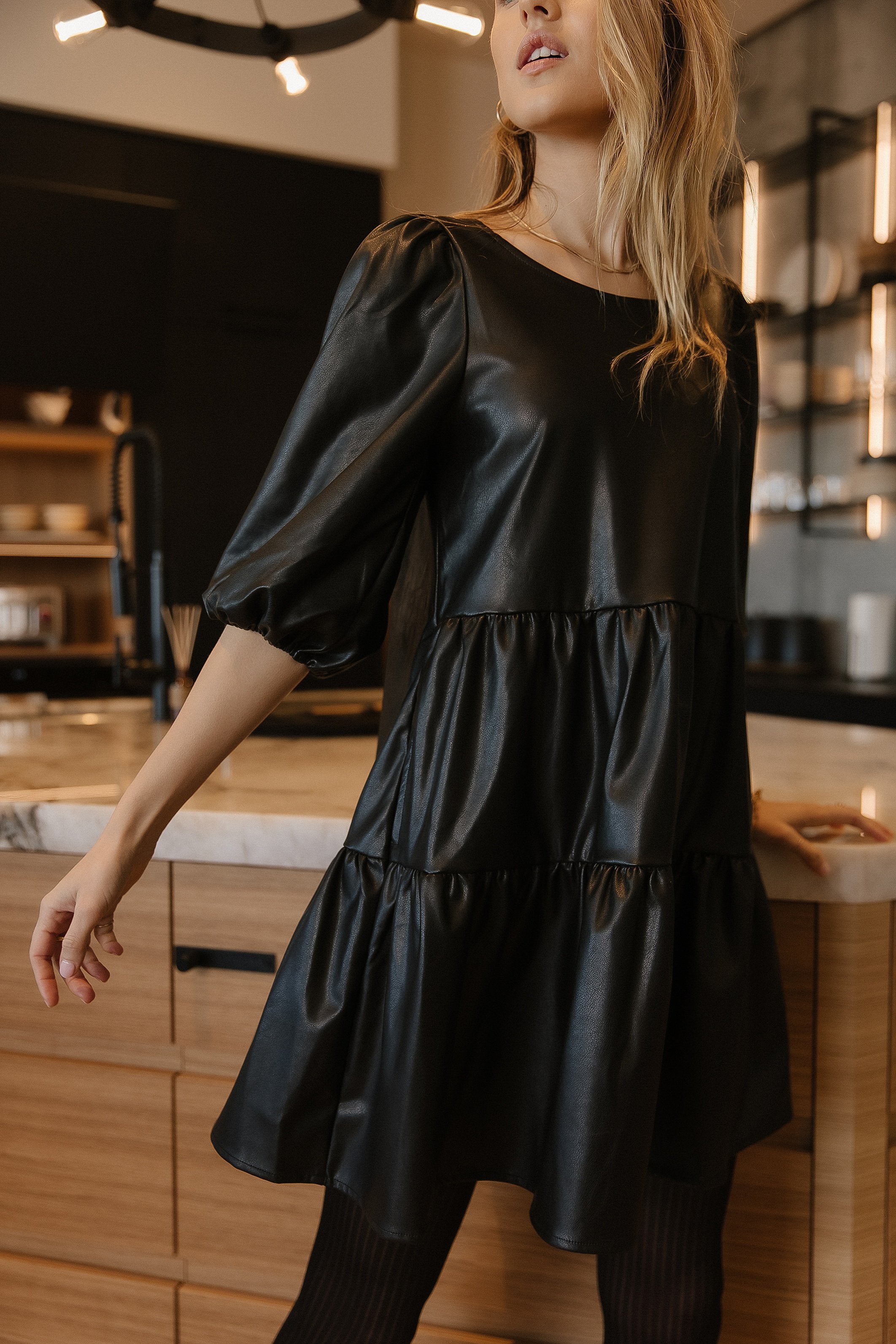 Faux leather dress with sleeves