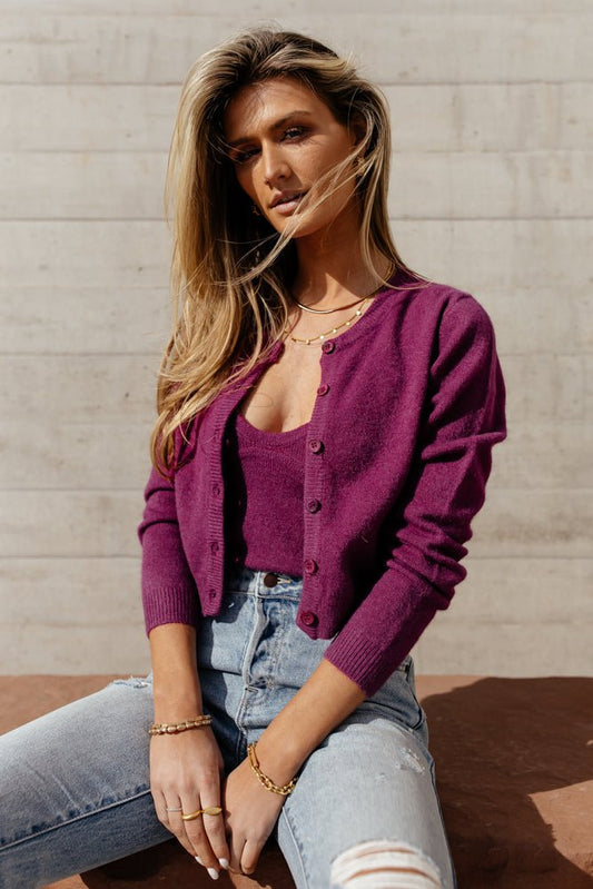 magenta cropped cardigan with tank top