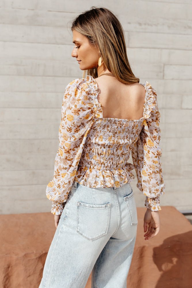 cropped ruffle blouse with sheer sleeve detail