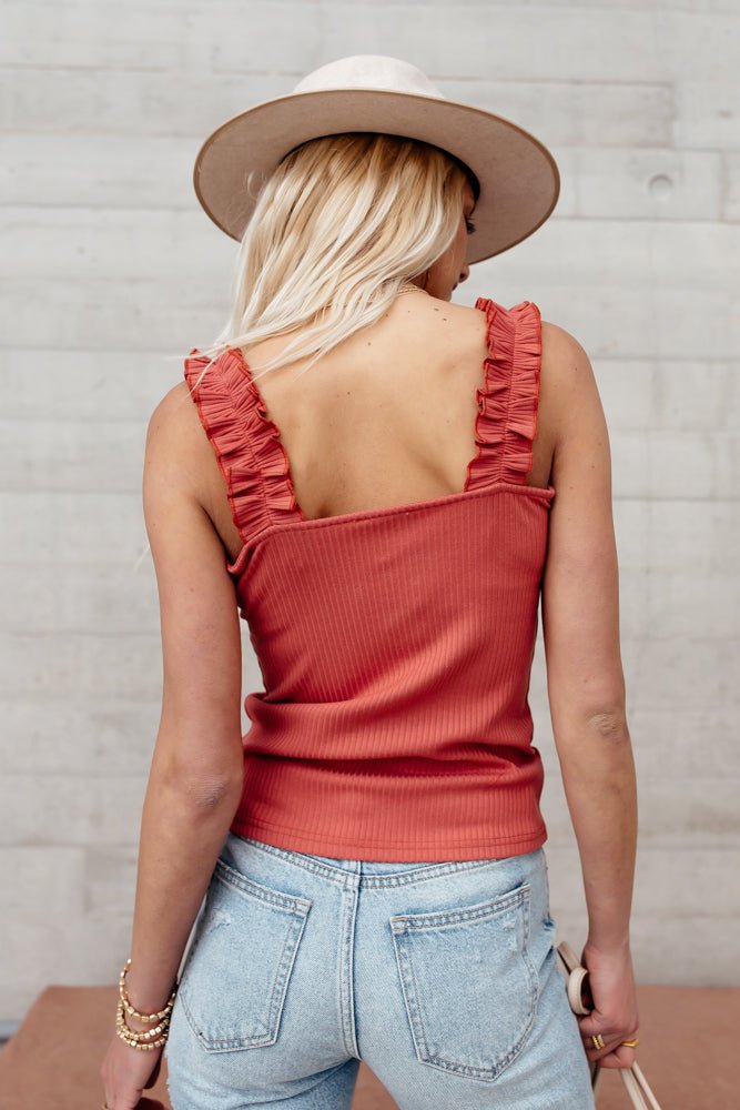 ribbed tank top with ruffle detail
