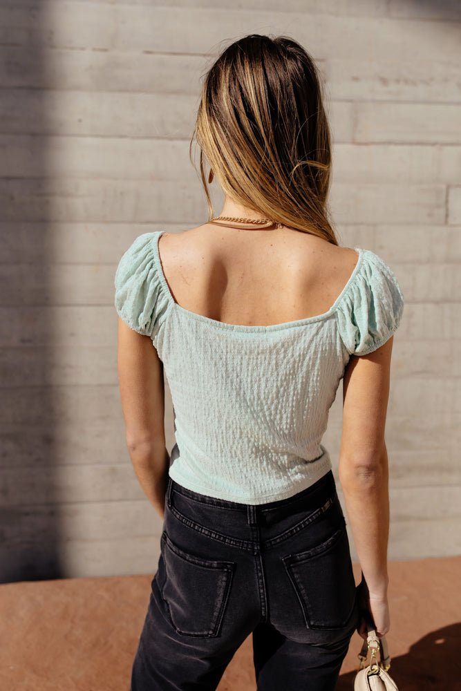 mint crop top with puff sleeves
