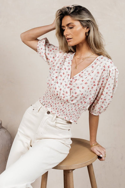 cropped floral blouse with ruched waist